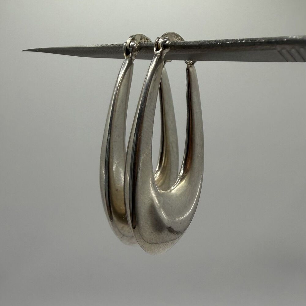 925 Sterling Silver Puffy Teardrop Hoop Earrings Large Chunky Vintage Estate